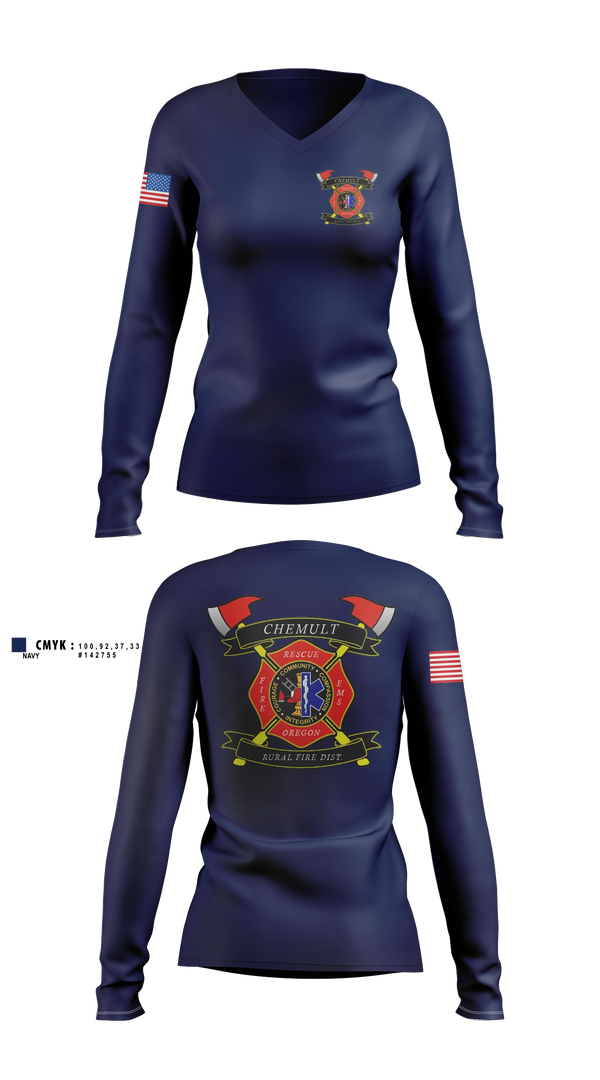 Womens Long Sleeve Vneck Shirt, Chemult Rural Fire Protection District, Fire Department, Teamtime, Team time, sublimation, custom sports apparel, team uniforms, spirit wear, spiritwear, sports uniforms, custom shirts, team store, custom team store, fundraiser sports, apparel fundraiser
