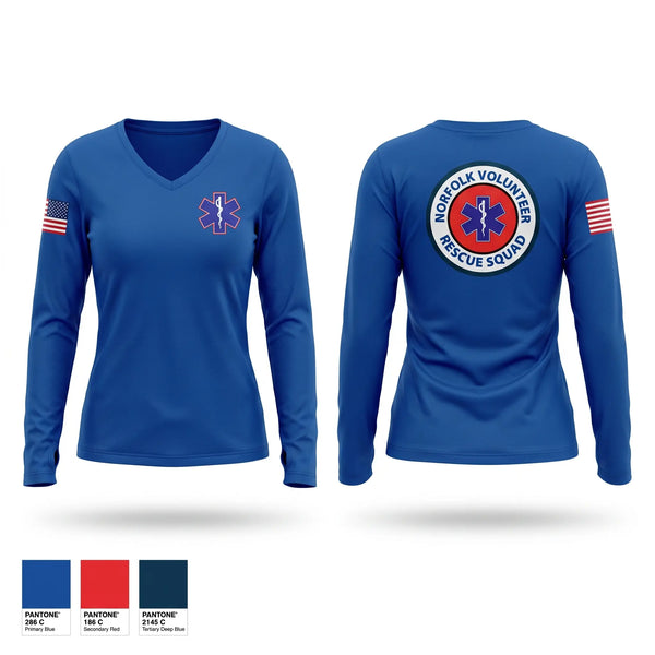 Womens Long Sleeve Vneck Shirt, Norfolk Volunteer Rescue Squad, EMS/EMT, Teamtime, Team time, sublimation, custom sports apparel, team uniforms, spirit wear, spiritwear, sports uniforms, custom shirts, team store, custom team store, fundraiser sports, apparel fundraiser