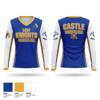 Womens Long Sleeve Vneck Shirt, Castle Lady Knights, Wrestling, Teamtime, Team time, sublimation, custom sports apparel, team uniforms, spirit wear, spiritwear, sports uniforms, custom shirts, team store, custom team store, fundraiser sports, apparel fundraiser