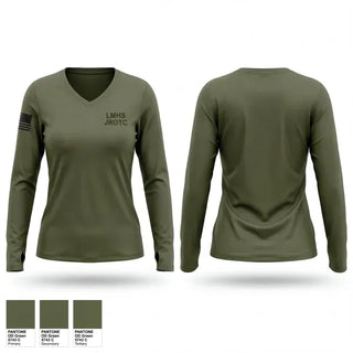 Womens Long Sleeve Vneck Shirt, LMHS JROTC, Army, Teamtime, Team time, sublimation, custom sports apparel, team uniforms, spirit wear, spiritwear, sports uniforms, custom shirts, team store, custom team store, fundraiser sports, apparel fundraiser