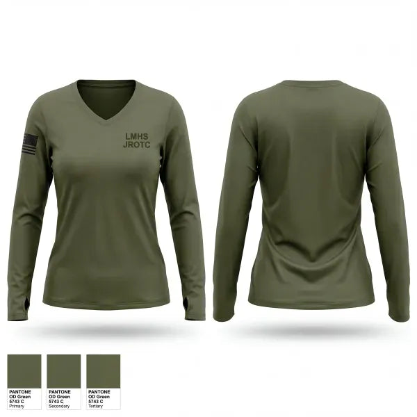 Womens Long Sleeve Vneck Shirt, LMHS JROTC, Army, Teamtime, Team time, sublimation, custom sports apparel, team uniforms, spirit wear, spiritwear, sports uniforms, custom shirts, team store, custom team store, fundraiser sports, apparel fundraiser