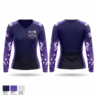 Womens Long Sleeve Vneck Shirt, North Shore Swarm Rugby, Rugby, Teamtime, Team time, sublimation, custom sports apparel, team uniforms, spirit wear, spiritwear, sports uniforms, custom shirts, team store, custom team store, fundraiser sports, apparel fundraiser