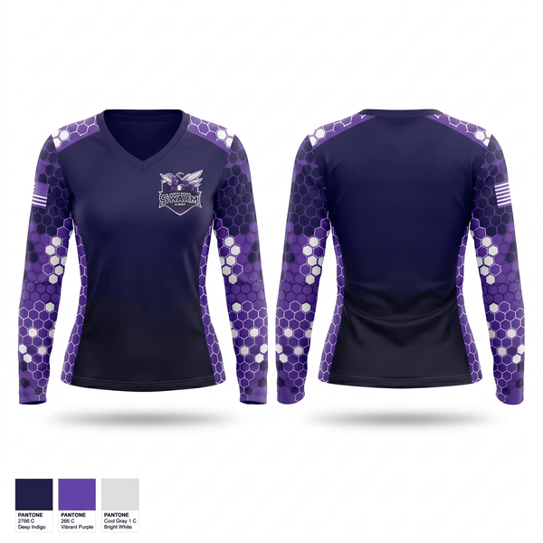 Womens Long Sleeve Vneck Shirt, North Shore Swarm Rugby, Rugby, Teamtime, Team time, sublimation, custom sports apparel, team uniforms, spirit wear, spiritwear, sports uniforms, custom shirts, team store, custom team store, fundraiser sports, apparel fundraiser
