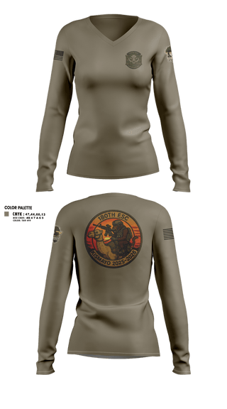 Womens Long Sleeve Vneck Shirt, 180th ESC Kismayo, Army, Teamtime, Team time, sublimation, custom sports apparel, team uniforms, spirit wear, spiritwear, sports uniforms, custom shirts, team store, custom team store, fundraiser sports, apparel fundraiser