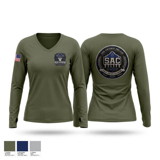 Womens Long Sleeve Vneck Shirt, SAC Police Instructor, Police, Teamtime, Team time, sublimation, custom sports apparel, team uniforms, spirit wear, spiritwear, sports uniforms, custom shirts, team store, custom team store, fundraiser sports, apparel fundraiser