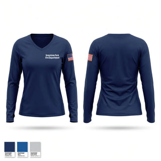 Womens Long Sleeve Vneck Shirt, Greystone Park Fire Department, Fire Department, Teamtime, Team time, sublimation, custom sports apparel, team uniforms, spirit wear, spiritwear, sports uniforms, custom shirts, team store, custom team store, fundraiser sports, apparel fundraiser