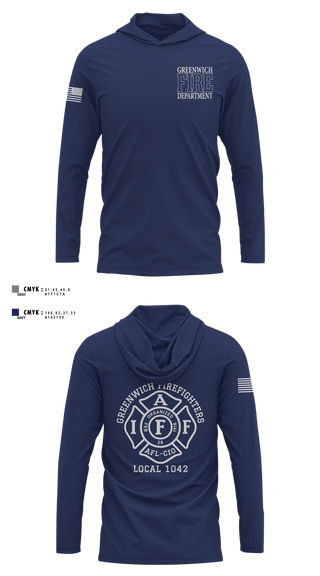 Long Sleeve Performance Shirt with hood, Greenwich Fire Local 1042, Fire Department, Teamtime, Team time, sublimation, custom sports apparel, team uniforms, spirit wear, spiritwear, sports uniforms, custom shirts, team store, custom team store, fundraiser sports, apparel fundraiser