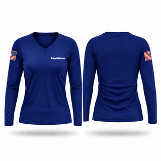 Womens Long Sleeve Vneck Shirt, San Mateo, Police, Teamtime, Team time, sublimation, custom sports apparel, team uniforms, spirit wear, spiritwear, sports uniforms, custom shirts, team store, custom team store, fundraiser sports, apparel fundraiser