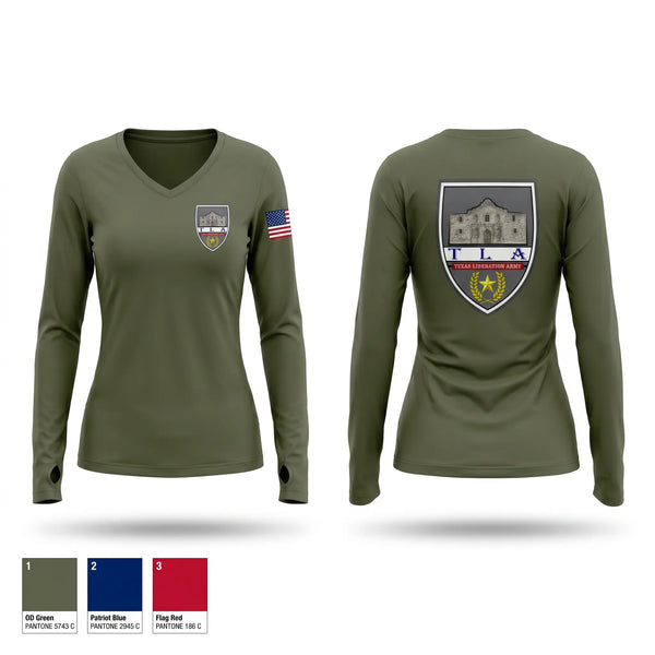 Womens Long Sleeve Vneck Shirt, Texas Liberation Army, Army, Teamtime, Team time, sublimation, custom sports apparel, team uniforms, spirit wear, spiritwear, sports uniforms, custom shirts, team store, custom team store, fundraiser sports, apparel fundraiser