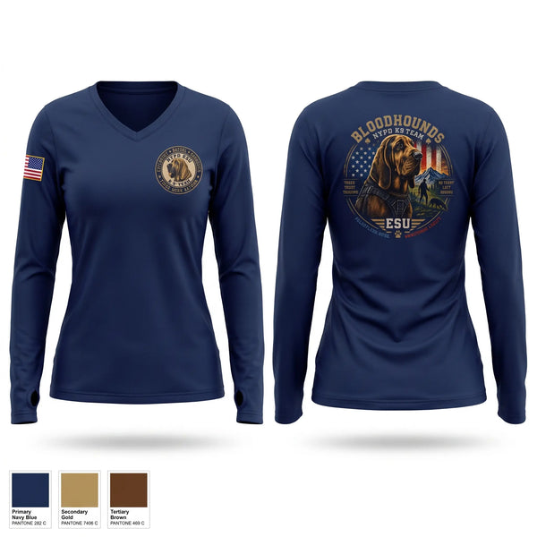 Womens Long Sleeve Vneck Shirt, NYPD ESU BLOODHOUND, Police, Teamtime, Team time, sublimation, custom sports apparel, team uniforms, spirit wear, spiritwear, sports uniforms, custom shirts, team store, custom team store, fundraiser sports, apparel fundraiser