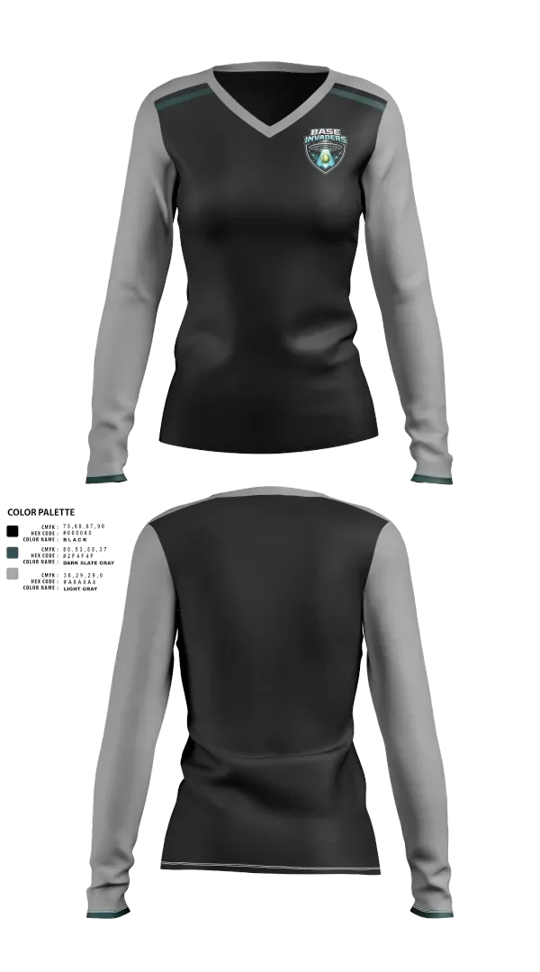 Womens Long Sleeve Vneck Shirt, Base Invaders, Softball, Teamtime, Team time, sublimation, custom sports apparel, team uniforms, spirit wear, spiritwear, sports uniforms, custom shirts, team store, custom team store, fundraiser sports, apparel fundraiser