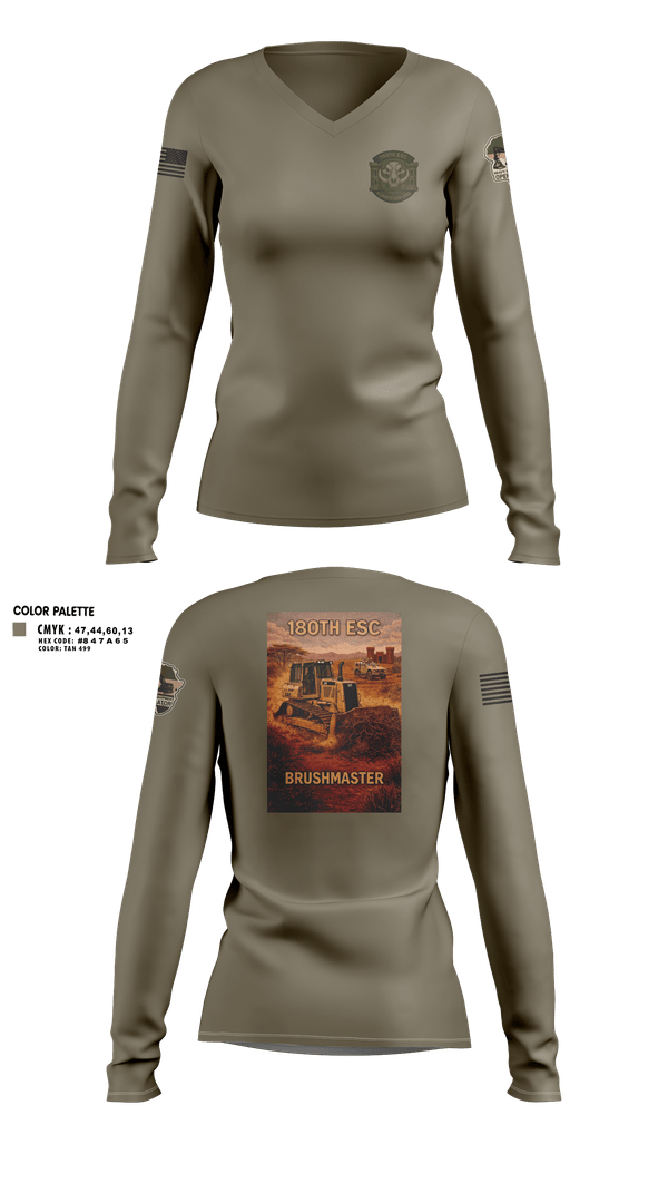 Womens Long Sleeve Vneck Shirt, 180th ESC Kismayo, Army, Teamtime, Team time, sublimation, custom sports apparel, team uniforms, spirit wear, spiritwear, sports uniforms, custom shirts, team store, custom team store, fundraiser sports, apparel fundraiser