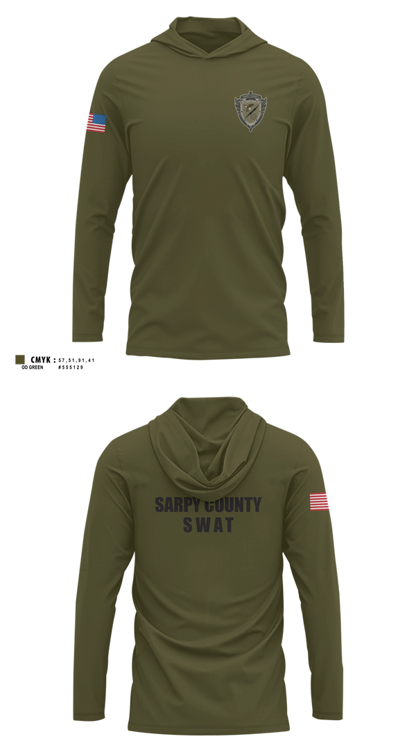 Long Sleeve Performance Shirt with hood, Sarpy County SWAT, Police, Teamtime, Team time, sublimation, custom sports apparel, team uniforms, spirit wear, spiritwear, sports uniforms, custom shirts, team store, custom team store, fundraiser sports, apparel fundraiser