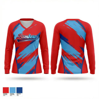Womens Long Sleeve Vneck Shirt, NWFL BOMBERS, Baseball, Teamtime, Team time, sublimation, custom sports apparel, team uniforms, spirit wear, spiritwear, sports uniforms, custom shirts, team store, custom team store, fundraiser sports, apparel fundraiser