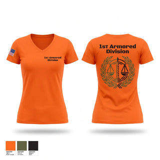 Womens Short Sleeve Vneck Shirt, 1ST Armored Division, Army, Teamtime, Team time, sublimation, custom sports apparel, team uniforms, spirit wear, spiritwear, sports uniforms, custom shirts, team store, custom team store, fundraiser sports, apparel fundraiser