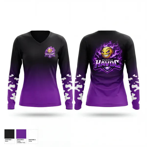 Womens Long Sleeve Vneck Shirt, Purple Havoc, Softball, Teamtime, Team time, sublimation, custom sports apparel, team uniforms, spirit wear, spiritwear, sports uniforms, custom shirts, team store, custom team store, fundraiser sports, apparel fundraiser
