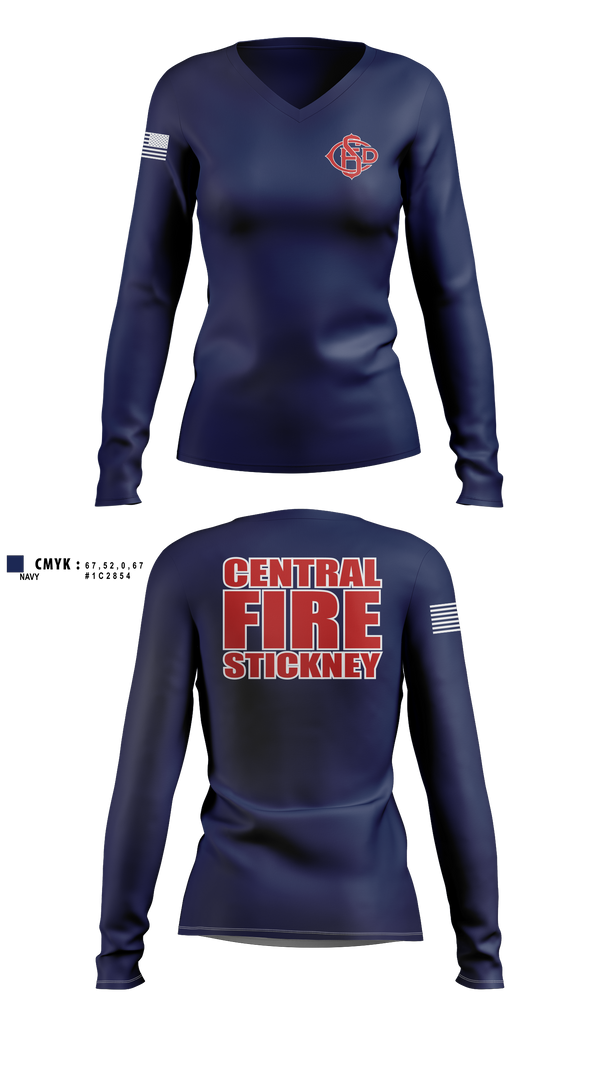 Womens Long Sleeve Vneck Shirt, Central Stickney Fire, Fire Department, Teamtime, Team time, sublimation, custom sports apparel, team uniforms, spirit wear, spiritwear, sports uniforms, custom shirts, team store, custom team store, fundraiser sports, apparel fundraiser
