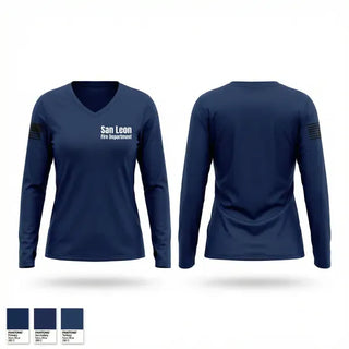 Womens Long Sleeve Vneck Shirt, San Leon Fire Department, Fire Department, Teamtime, Team time, sublimation, custom sports apparel, team uniforms, spirit wear, spiritwear, sports uniforms, custom shirts, team store, custom team store, fundraiser sports, apparel fundraiser