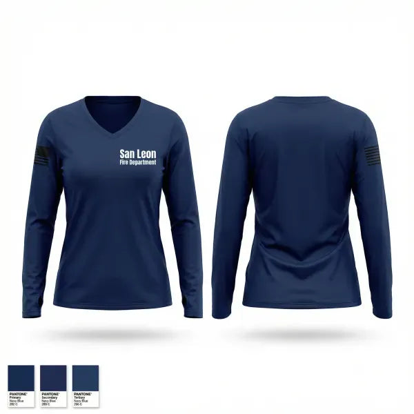 Womens Long Sleeve Vneck Shirt, San Leon Fire Department, Fire Department, Teamtime, Team time, sublimation, custom sports apparel, team uniforms, spirit wear, spiritwear, sports uniforms, custom shirts, team store, custom team store, fundraiser sports, apparel fundraiser