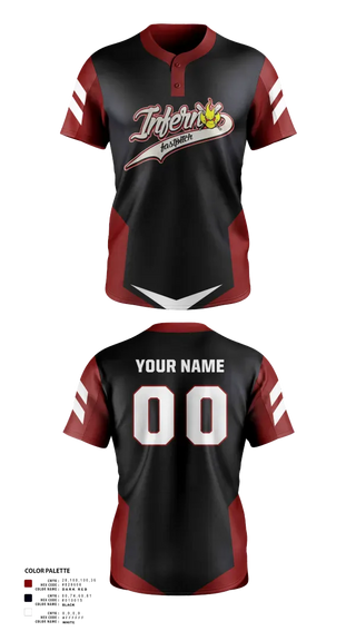 Two Button Softball Jersey, Inferno, Softball, Teamtime, Team time, sublimation, custom sports apparel, team uniforms, spirit wear, spiritwear, sports uniforms, custom shirts, team store, custom team store, fundraiser sports, apparel fundraiser