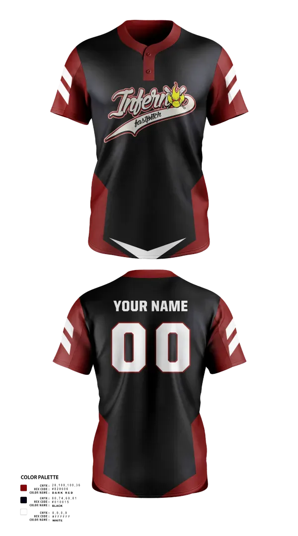 Two Button Softball Jersey, Inferno, Softball, Teamtime, Team time, sublimation, custom sports apparel, team uniforms, spirit wear, spiritwear, sports uniforms, custom shirts, team store, custom team store, fundraiser sports, apparel fundraiser