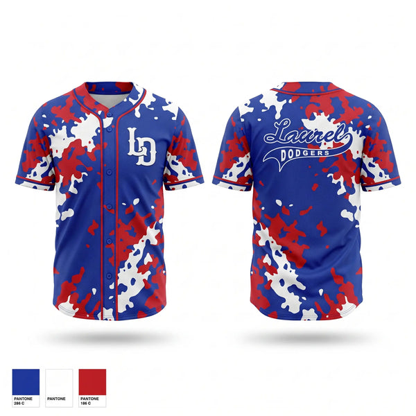 Full Button Baseball Jersey, Laurel Dodgers, Baseball, Teamtime, Team time, sublimation, custom sports apparel, team uniforms, spirit wear, spiritwear, sports uniforms, custom shirts, team store, custom team store, fundraiser sports, apparel fundraiser