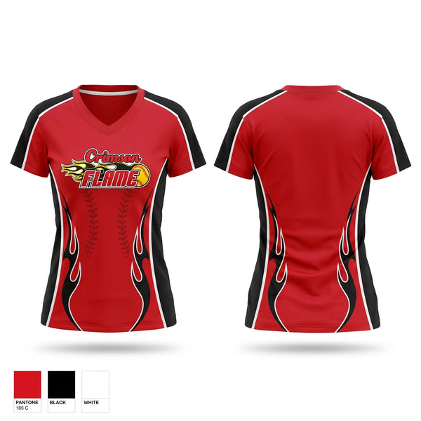 Womens Short Sleeve Vneck Shirt, Crimson Flames, Softball, Teamtime, Team time, sublimation, custom sports apparel, team uniforms, spirit wear, spiritwear, sports uniforms, custom shirts, team store, custom team store, fundraiser sports, apparel fundraiser