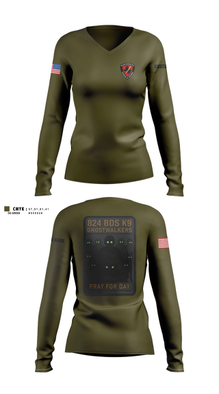 Womens Long Sleeve Vneck Shirt, 824 Base Defense Squadron, Air Force, Teamtime, Team time, sublimation, custom sports apparel, team uniforms, spirit wear, spiritwear, sports uniforms, custom shirts, team store, custom team store, fundraiser sports, apparel fundraiser