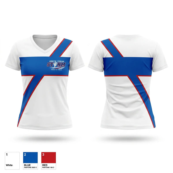 Womens Short Sleeve Vneck Shirt, SOUTH TEXAS STORM, Track & Field, Teamtime, Team time, sublimation, custom sports apparel, team uniforms, spirit wear, spiritwear, sports uniforms, custom shirts, team store, custom team store, fundraiser sports, apparel fundraiser