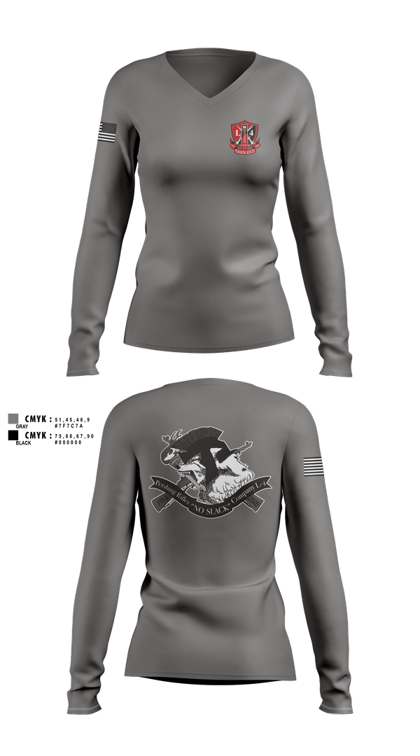 Womens Long Sleeve Vneck Shirt, Pershing Rifles, Company L-4, Army, Teamtime, Team time, sublimation, custom sports apparel, team uniforms, spirit wear, spiritwear, sports uniforms, custom shirts, team store, custom team store, fundraiser sports, apparel fundraiser