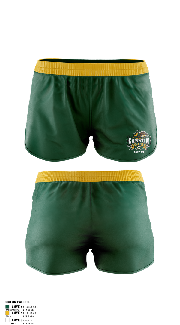 Womens Soccer Shorts, Canyon High School Girls Soccer, Women's Soccer, Teamtime, Team time, sublimation, custom sports apparel, team uniforms, spirit wear, spiritwear, sports uniforms, custom shirts, team store, custom team store, fundraiser sports, apparel fundraiser
