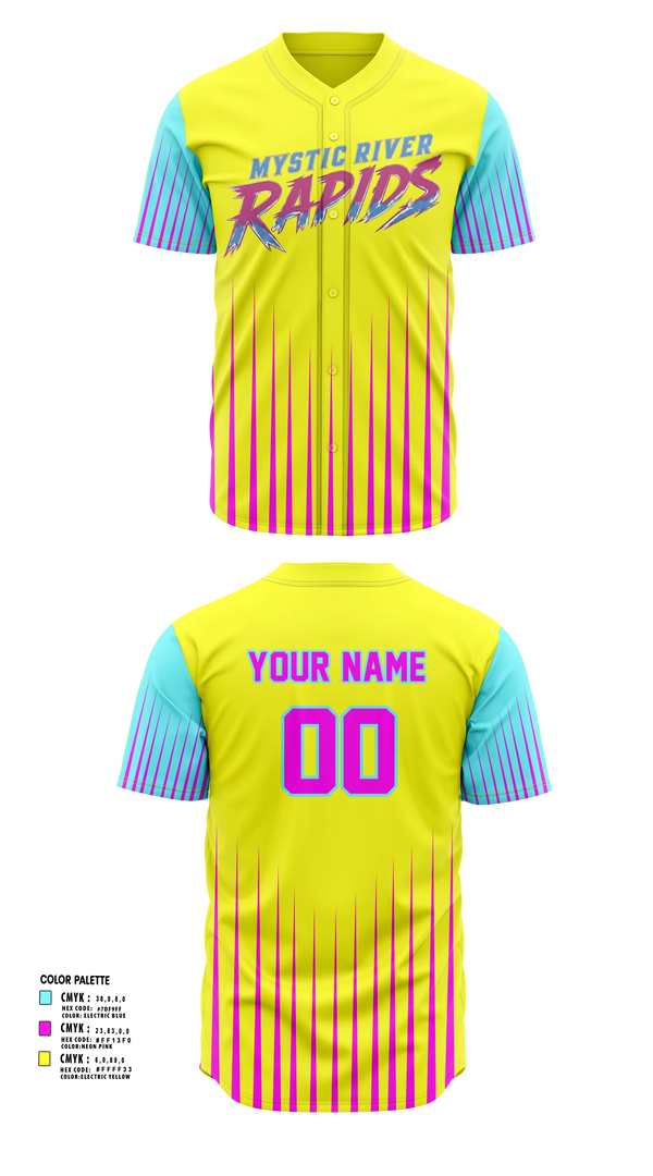 Full Button Baseball Jersey, Mystic River Rapids, Baseball, Teamtime, Team time, sublimation, custom sports apparel, team uniforms, spirit wear, spiritwear, sports uniforms, custom shirts, team store, custom team store, fundraiser sports, apparel fundraiser