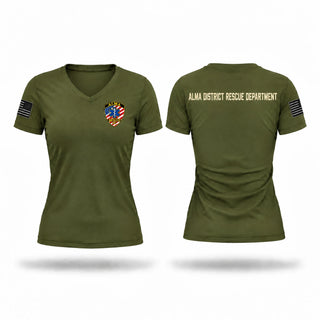 Womens Short Sleeve Vneck Shirt, Alma District Rescure, EMS/EMT, Teamtime, Team time, sublimation, custom sports apparel, team uniforms, spirit wear, spiritwear, sports uniforms, custom shirts, team store, custom team store, fundraiser sports, apparel fundraiser