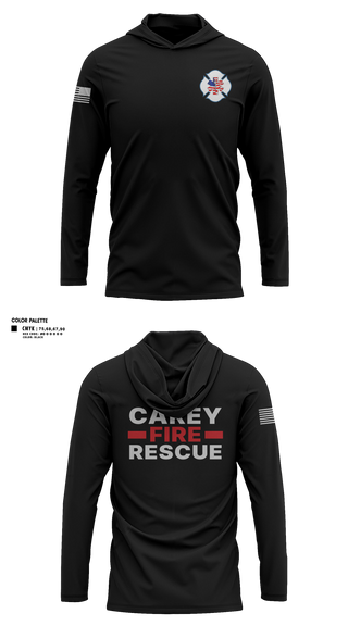 Long Sleeve Performance Shirt with hood, Carey Rural Fire & Rescue, Fire Department, Teamtime, Team time, sublimation, custom sports apparel, team uniforms, spirit wear, spiritwear, sports uniforms, custom shirts, team store, custom team store, fundraiser sports, apparel fundraiser