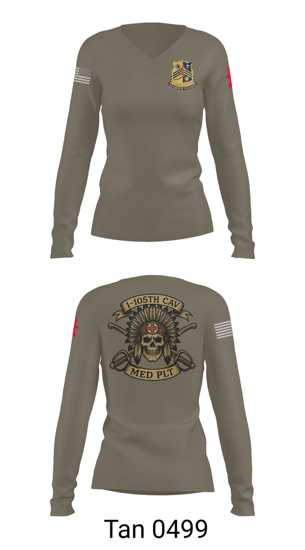 Womens Long Sleeve Vneck Shirt, 1-105th cavalry, Army, Teamtime, Team time, sublimation, custom sports apparel, team uniforms, spirit wear, spiritwear, sports uniforms, custom shirts, team store, custom team store, fundraiser sports, apparel fundraiser