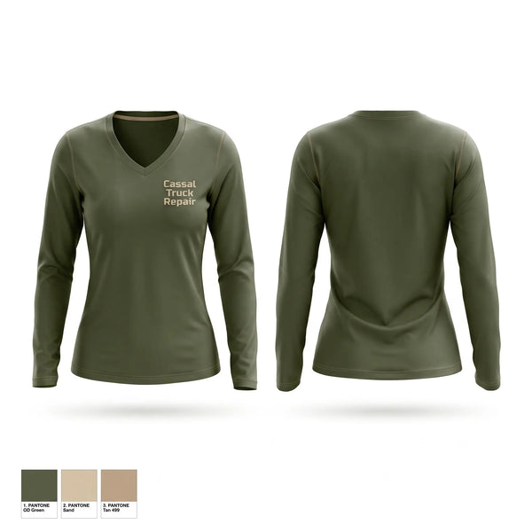 Womens Long Sleeve Vneck Shirt, Cassal Truck Repair, , Teamtime, Team time, sublimation, custom sports apparel, team uniforms, spirit wear, spiritwear, sports uniforms, custom shirts, team store, custom team store, fundraiser sports, apparel fundraiser