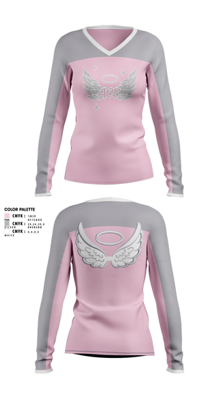 Womens Long Sleeve Vneck Shirt, ACE Angel CHEER Elite, Cheer, Teamtime, Team time, sublimation, custom sports apparel, team uniforms, spirit wear, spiritwear, sports uniforms, custom shirts, team store, custom team store, fundraiser sports, apparel fundraiser