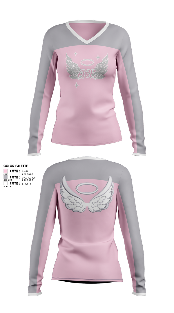 Womens Long Sleeve Vneck Shirt, ACE Angel CHEER Elite, Cheer, Teamtime, Team time, sublimation, custom sports apparel, team uniforms, spirit wear, spiritwear, sports uniforms, custom shirts, team store, custom team store, fundraiser sports, apparel fundraiser