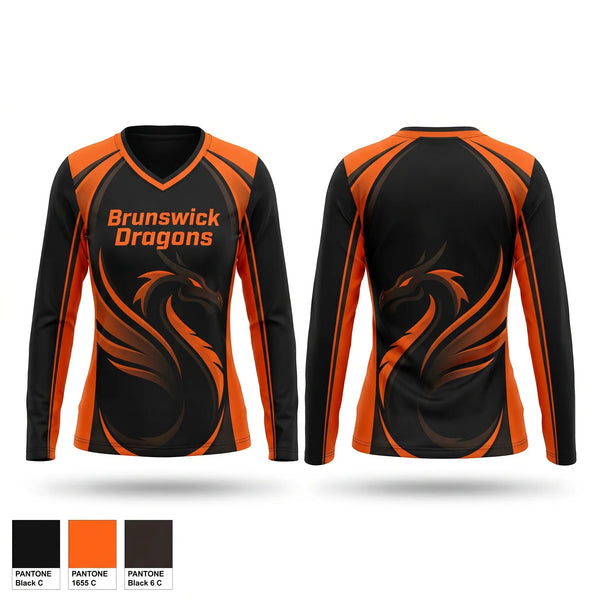 Womens Long Sleeve Vneck Shirt, Brunswick Dragons, Women's Basketball, Teamtime, Team time, sublimation, custom sports apparel, team uniforms, spirit wear, spiritwear, sports uniforms, custom shirts, team store, custom team store, fundraiser sports, apparel fundraiser