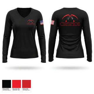 Womens Long Sleeve Vneck Shirt, C BTRY, 1-22 FA, Army, Teamtime, Team time, sublimation, custom sports apparel, team uniforms, spirit wear, spiritwear, sports uniforms, custom shirts, team store, custom team store, fundraiser sports, apparel fundraiser