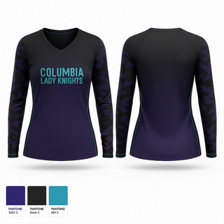 Womens Long Sleeve Vneck Shirt, Columbia Lady Knights, Cheer, Teamtime, Team time, sublimation, custom sports apparel, team uniforms, spirit wear, spiritwear, sports uniforms, custom shirts, team store, custom team store, fundraiser sports, apparel fundraiser