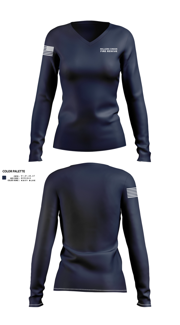 Womens Long Sleeve Vneck Shirt, Millers Creek Fire Rescue, Fire Department, Teamtime, Team time, sublimation, custom sports apparel, team uniforms, spirit wear, spiritwear, sports uniforms, custom shirts, team store, custom team store, fundraiser sports, apparel fundraiser