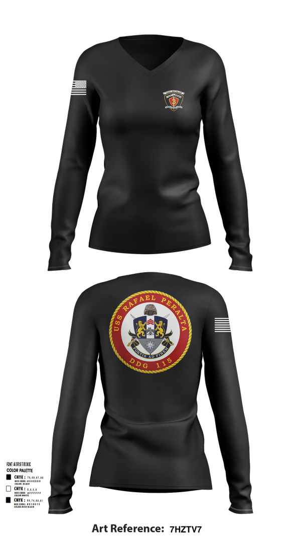 Womens Long Sleeve Vneck Shirt, USS Rafael Peralta DDG 115, Navy, Teamtime, Team time, sublimation, custom sports apparel, team uniforms, spirit wear, spiritwear, sports uniforms, custom shirts, team store, custom team store, fundraiser sports, apparel fundraiser