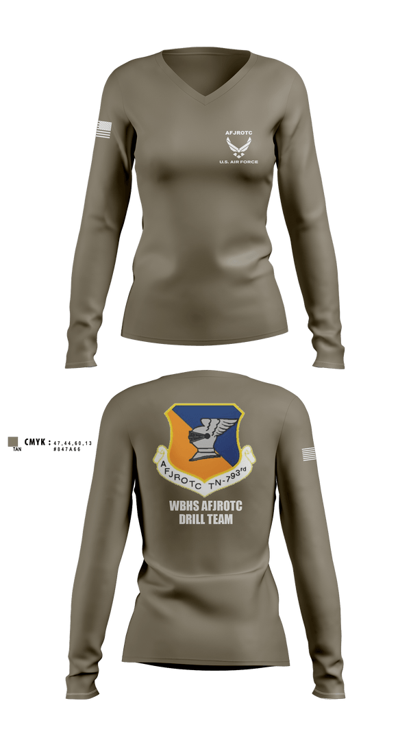 Women's Long Sleeve Vneck Shirt, WBHS AFJROTC, Air Force, Teamtime, Team time, sublimation, custom sports apparel, team uniforms, spirit wear, spiritwear, sports uniforms, custom shirts, team store, custom team store, fundraiser sports, apparel fundraiser
