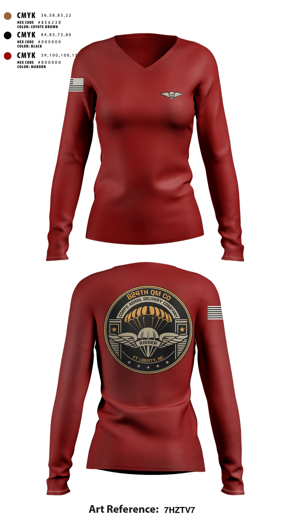 Women's Long Sleeve Vneck Shirt, 824th QM CO (CADC-A), Army, Teamtime, Team time, sublimation, custom sports apparel, team uniforms, spirit wear, spiritwear, sports uniforms, custom shirts, team store, custom team store, fundraiser sports, apparel fundraiser