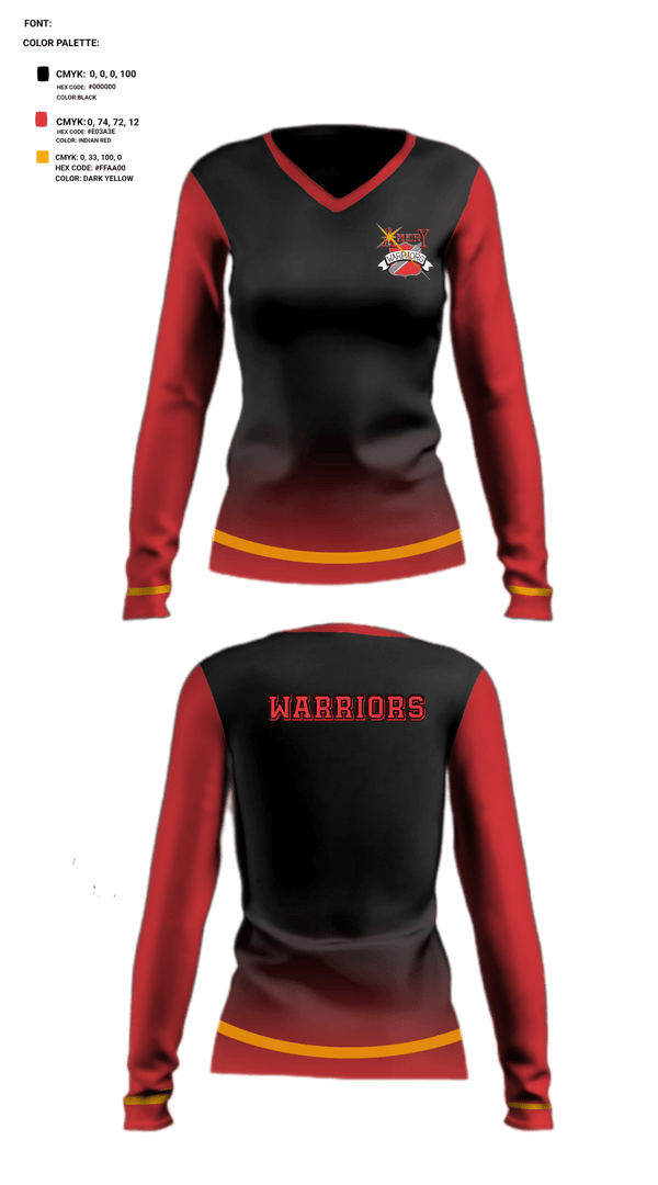 Women's Long Sleeve Vneck Shirt, Warriors, Football, Teamtime, Team time, sublimation, custom sports apparel, team uniforms, spirit wear, spiritwear, sports uniforms, custom shirts, team store, custom team store, fundraiser sports, apparel fundraiser