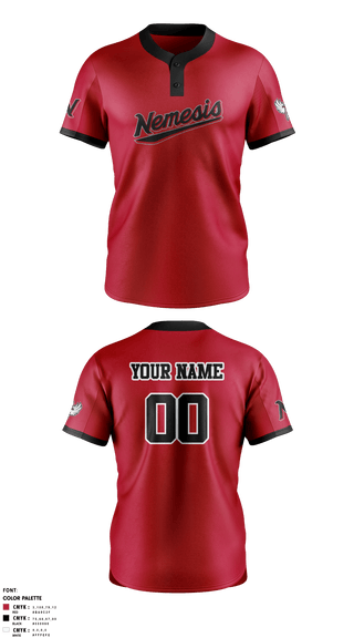Two Button Softball Jersey, NEMESIS, Softball, Teamtime, Team time, sublimation, custom sports apparel, team uniforms, spirit wear, spiritwear, sports uniforms, custom shirts, team store, custom team store, fundraiser sports, apparel fundraiser