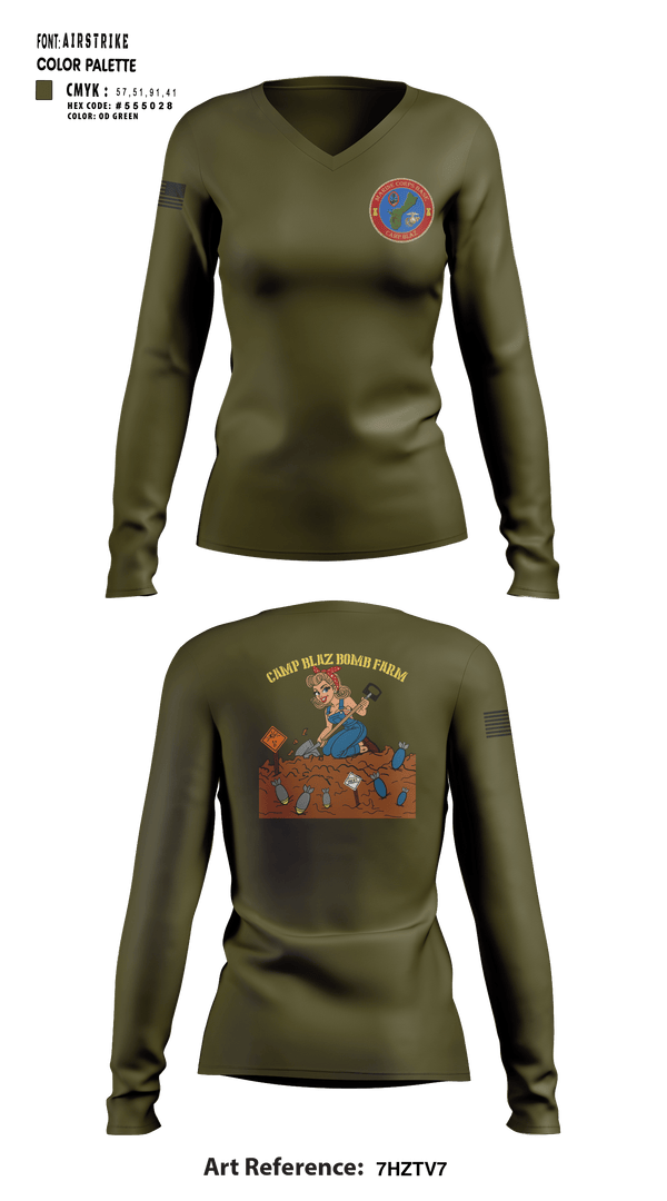 Women's Long Sleeve Vneck Shirt, MCB Camp Blaz Ordnance, Marines, Teamtime, Team time, sublimation, custom sports apparel, team uniforms, spirit wear, spiritwear, sports uniforms, custom shirts, team store, custom team store, fundraiser sports, apparel fundraiser