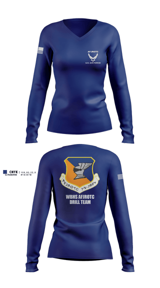 Women's Long Sleeve Vneck Shirt, WBHS AFJROTC, Air Force, Teamtime, Team time, sublimation, custom sports apparel, team uniforms, spirit wear, spiritwear, sports uniforms, custom shirts, team store, custom team store, fundraiser sports, apparel fundraiser