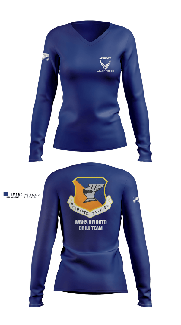 Women's Long Sleeve Vneck Shirt, WBHS AFJROTC, Air Force, Teamtime, Team time, sublimation, custom sports apparel, team uniforms, spirit wear, spiritwear, sports uniforms, custom shirts, team store, custom team store, fundraiser sports, apparel fundraiser